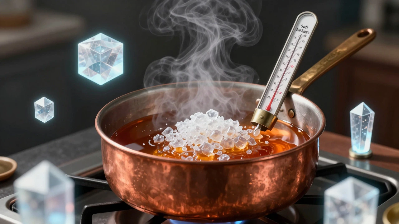 Artistic depiction of sugar crystallization process in a copper saucepan with thermometer
