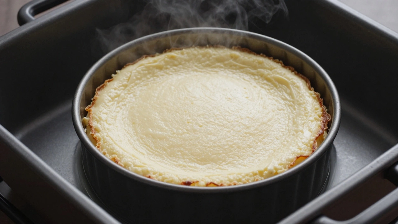 Cheesecake baking in a water bath to prevent cracking