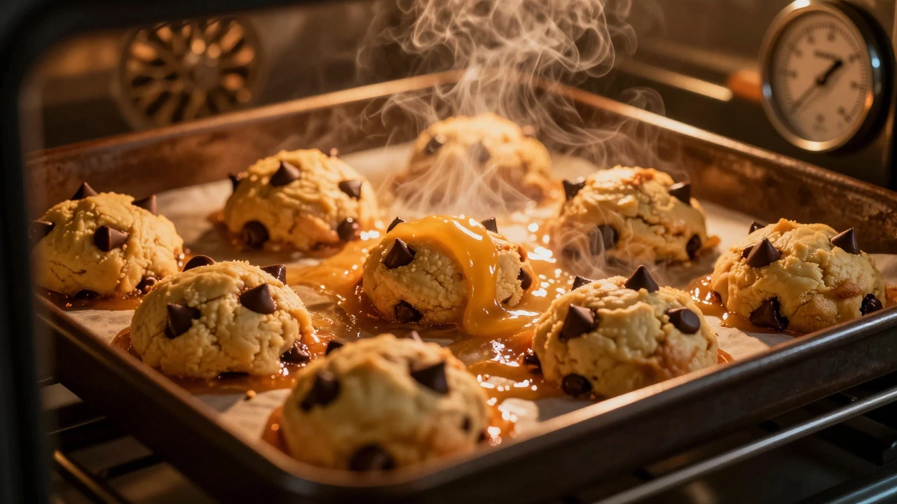 Chocolate chip cookies baking and spreading in a hot oven