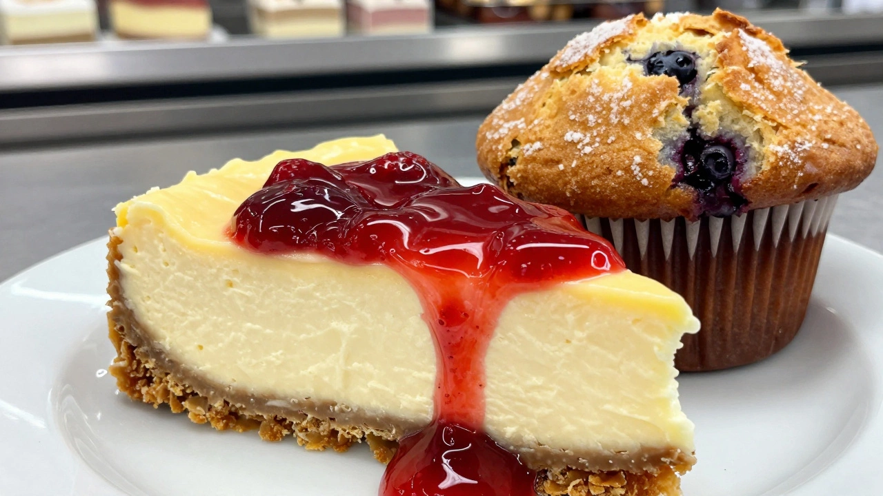 Close up of a slice of cheesecake with strawberries and a large blueberry muffin
