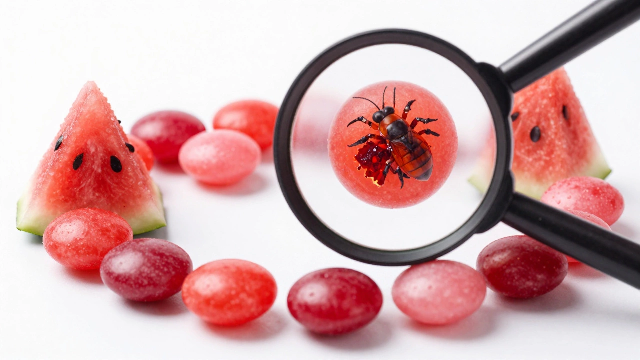 Colorful mints under magnifying glass showing insect dye