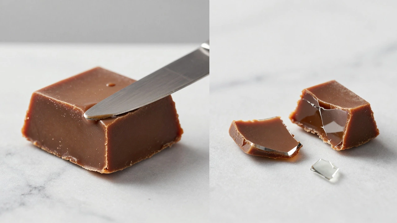 Comparison of soft creamy fudge versus hard brittle shattered fudge
