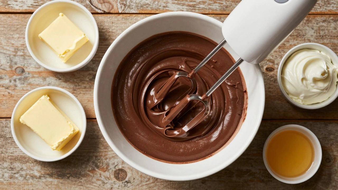 Creamy matte fudge in a mixing bowl with an electric mixer and ingredients
