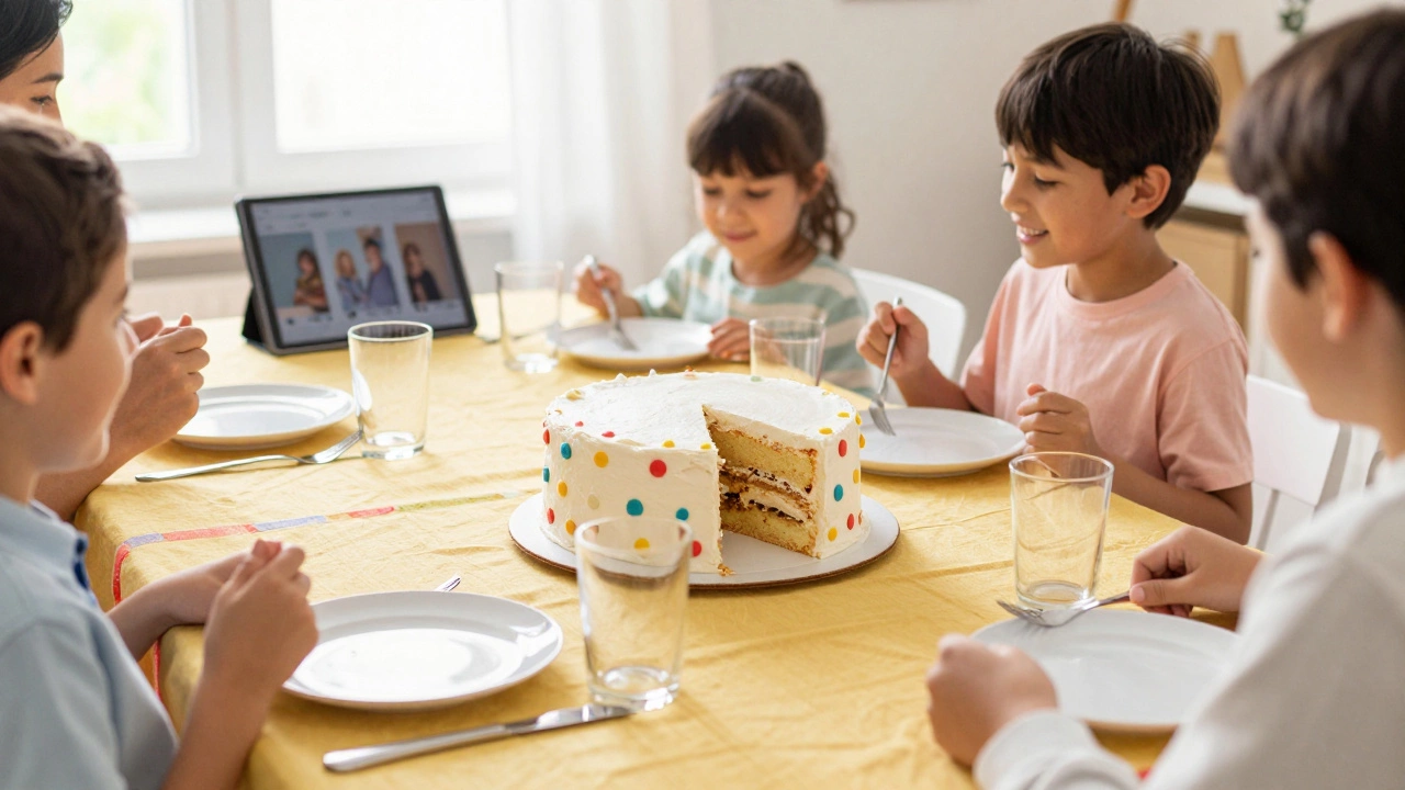Family celebrating around a table with a simple decorated birthday sheet cake