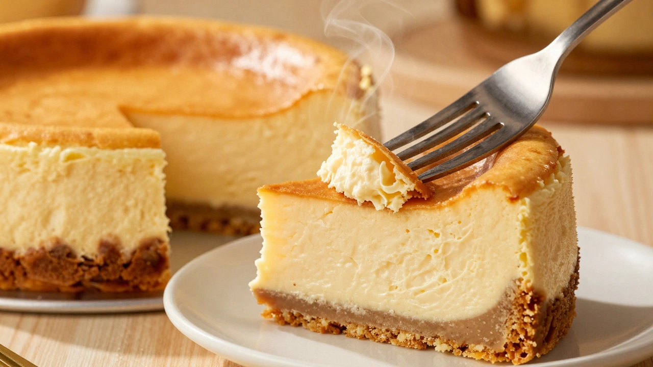 Fork cutting into airy Sicilian cheesecake with thick shortbread crust