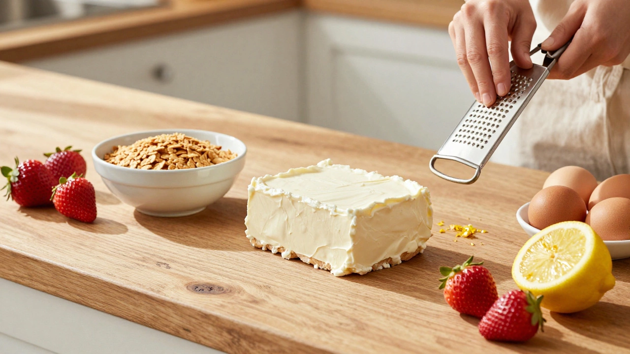 Fresh ingredients for homemade cheesecake on kitchen counter