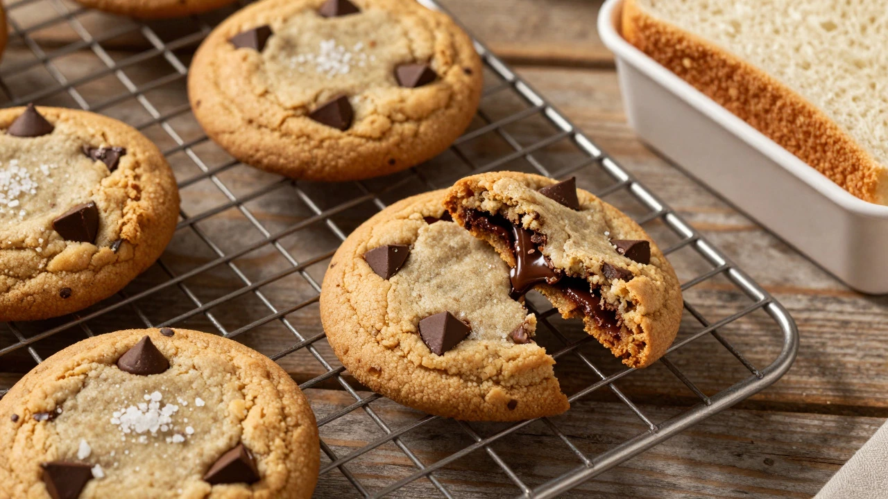 Freshly baked cookies on a wire rack, one broken to show chewy interior.