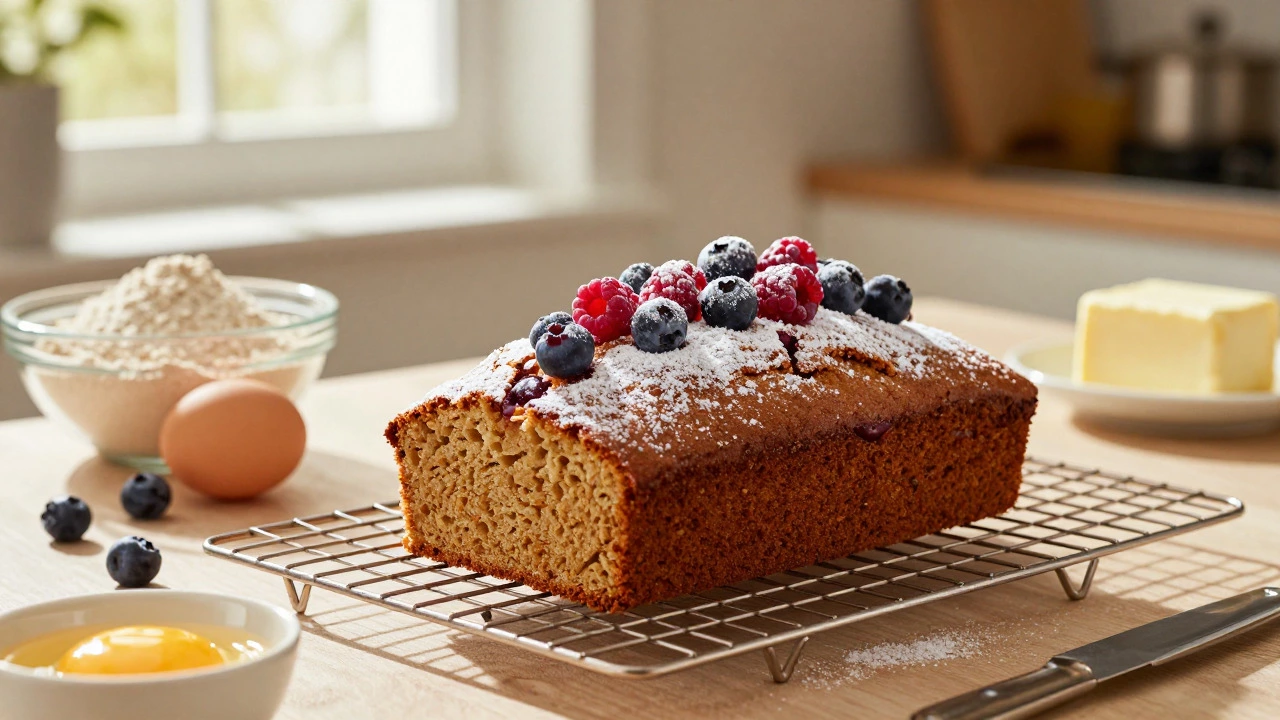 Freshly baked gluten-free cake with berries, surrounded by eggs and butter in a sunny kitchen.
