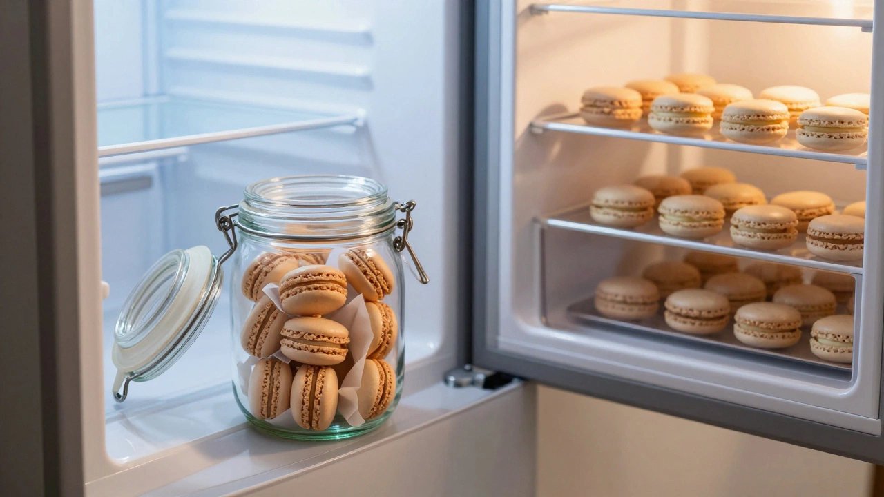 Glass jars and fridge compartments displaying proper macaron storage