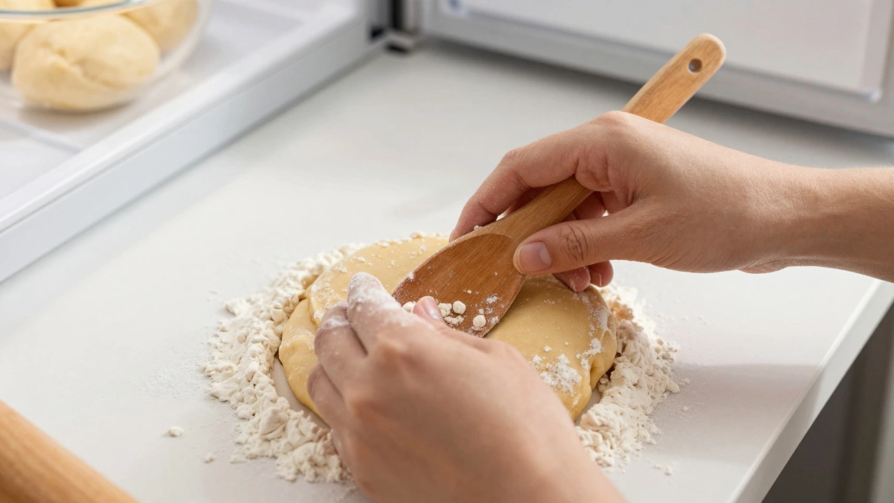 Hands mixing cookie dough with flour, showing lumps to prevent overmixing.