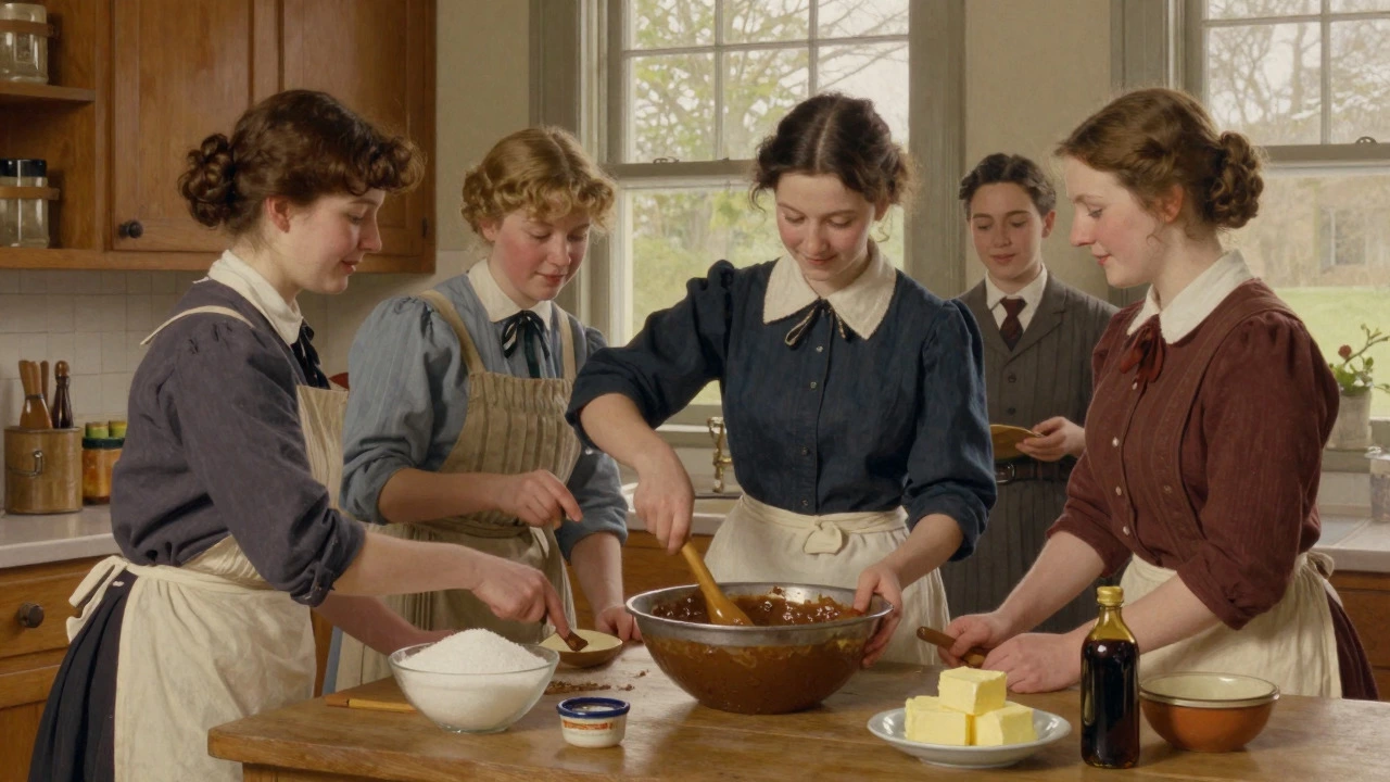 Historical scene of people making homemade fudge in a 19th-century kitchen