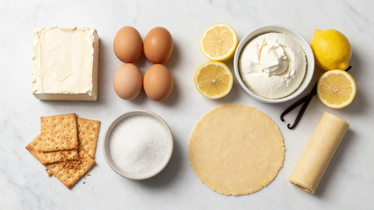 Ingredients for cream cheese and ricotta cheesecakes on marble counter