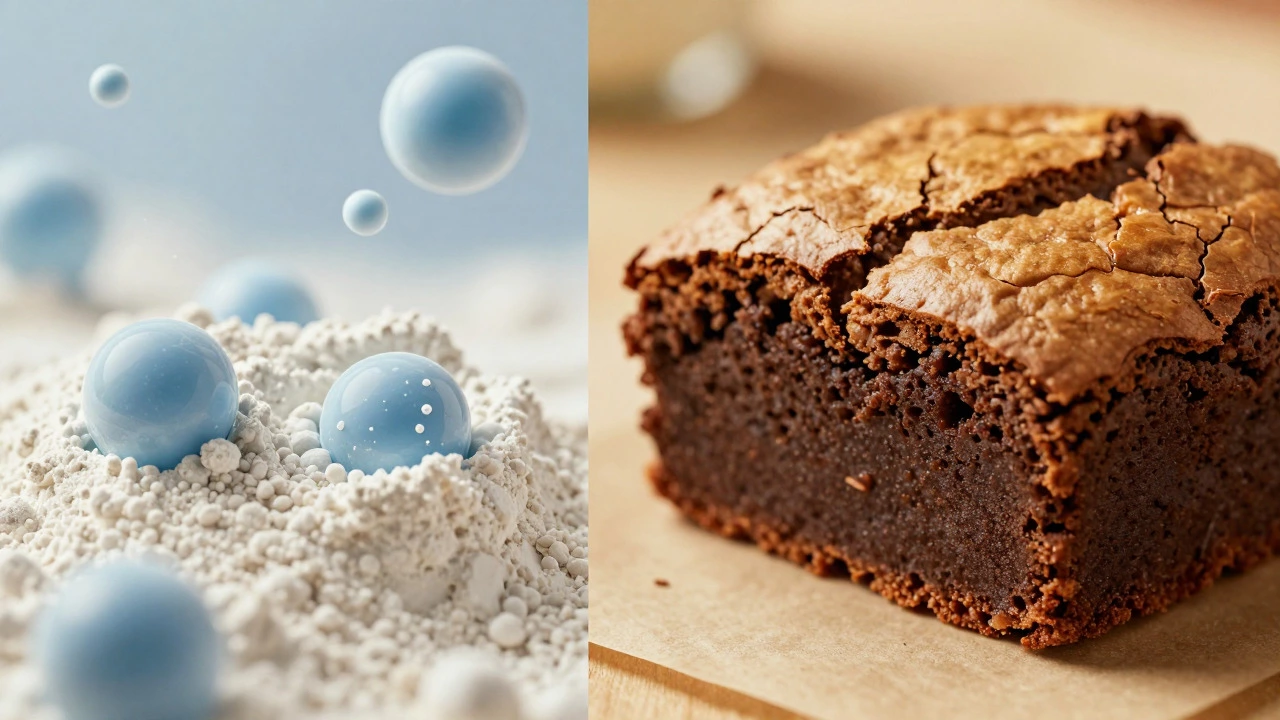 Split image showing flour hydration science and a cross-section of a fudgy brownie