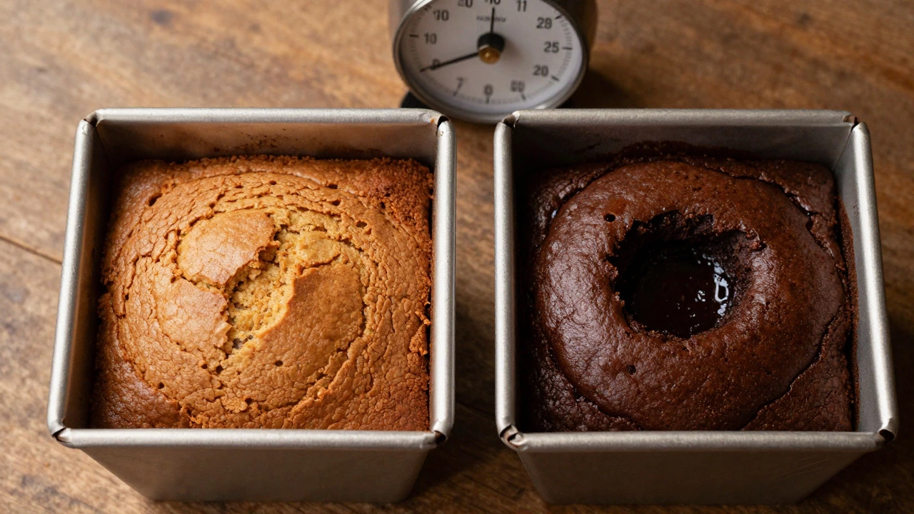 Two baking pans comparing cakey and fudgy brownie textures with a timer