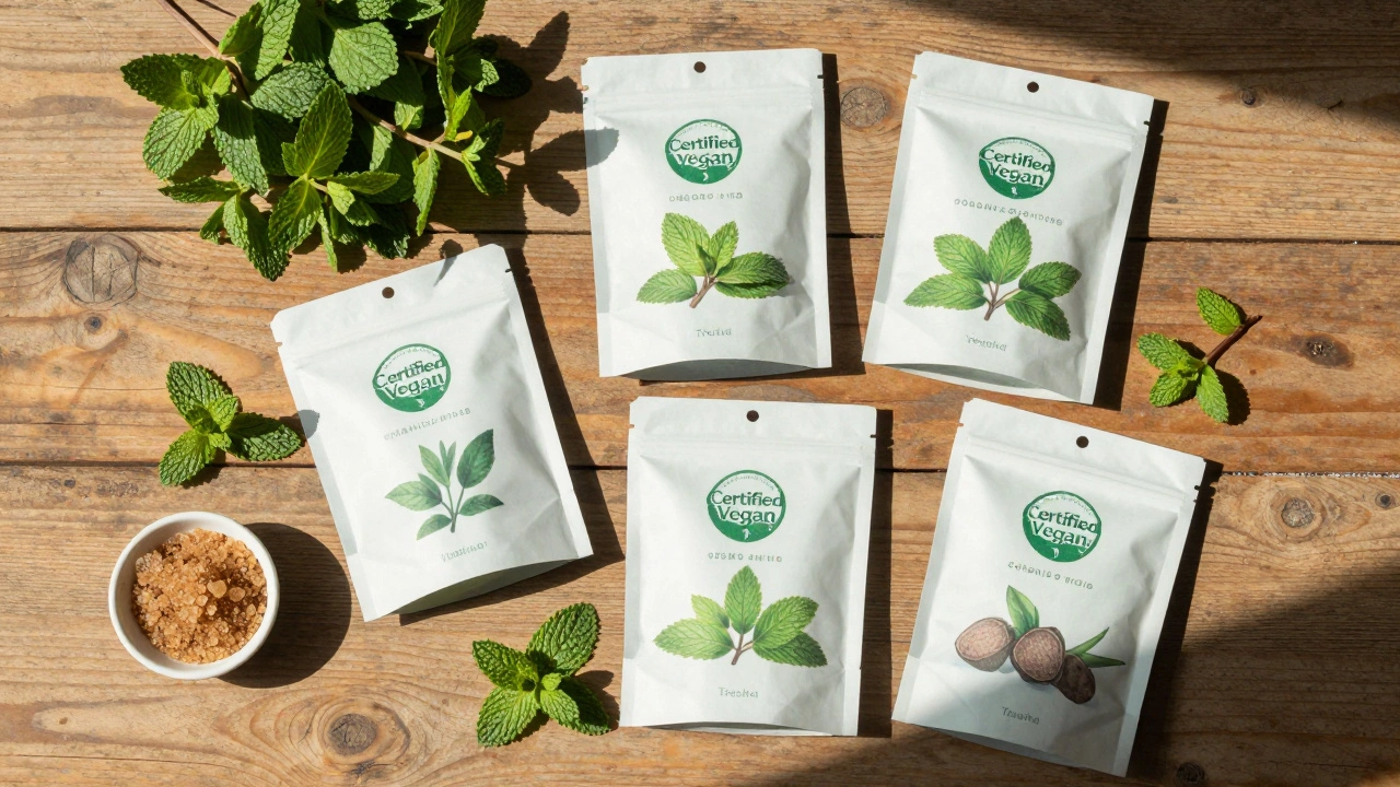 Vegan certified mint packages on a wooden table