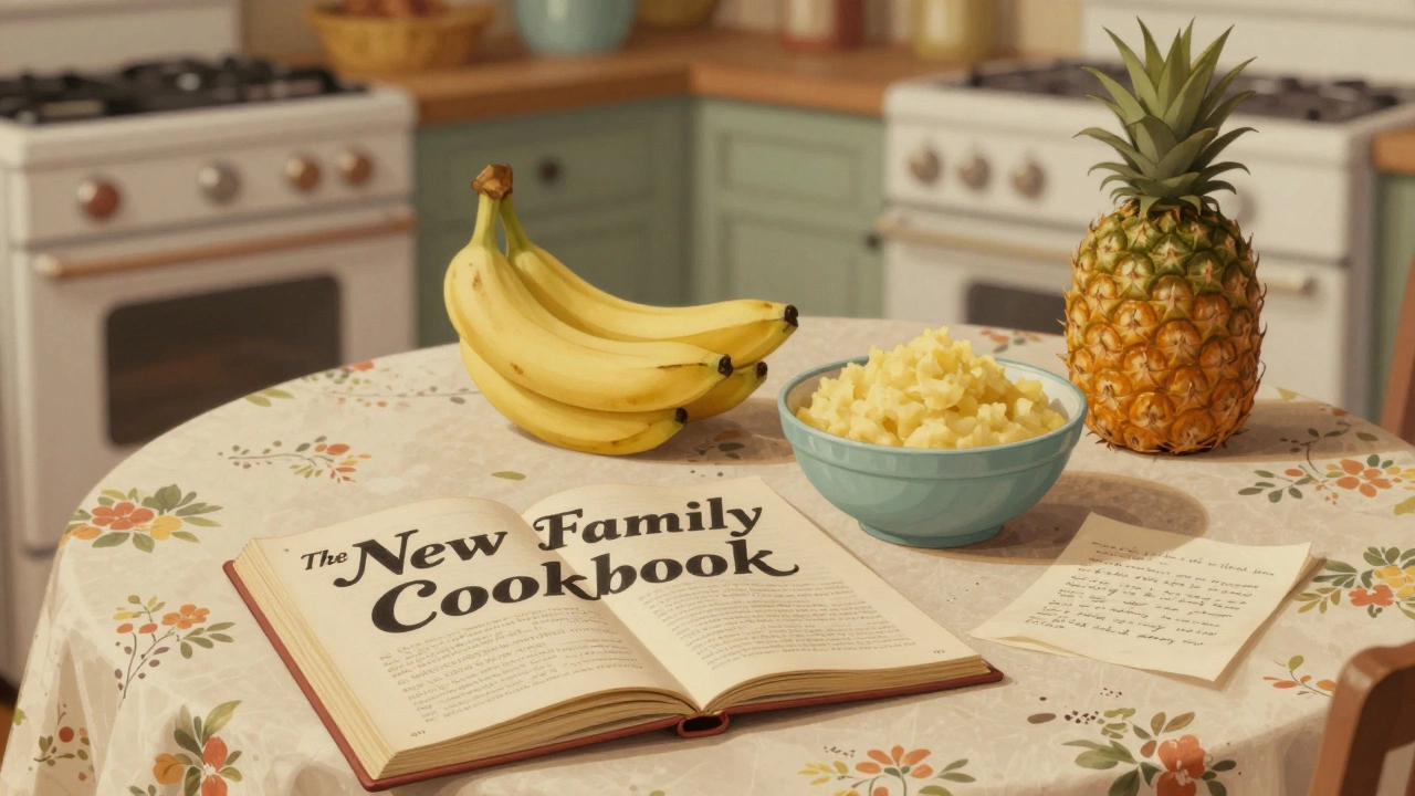 Vintage 1970s kitchen scene with cookbook and banana ingredients