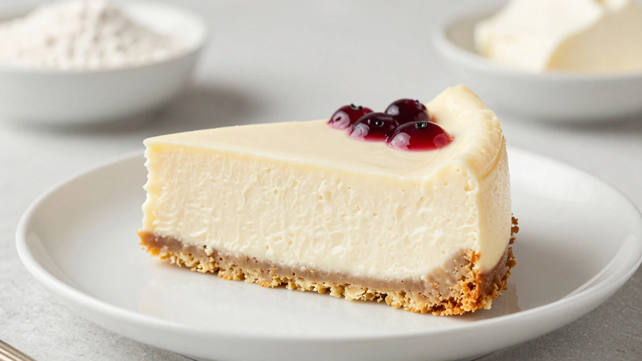 A dense, firm slice of eggless cheesecake with berry topping on a white plate.
