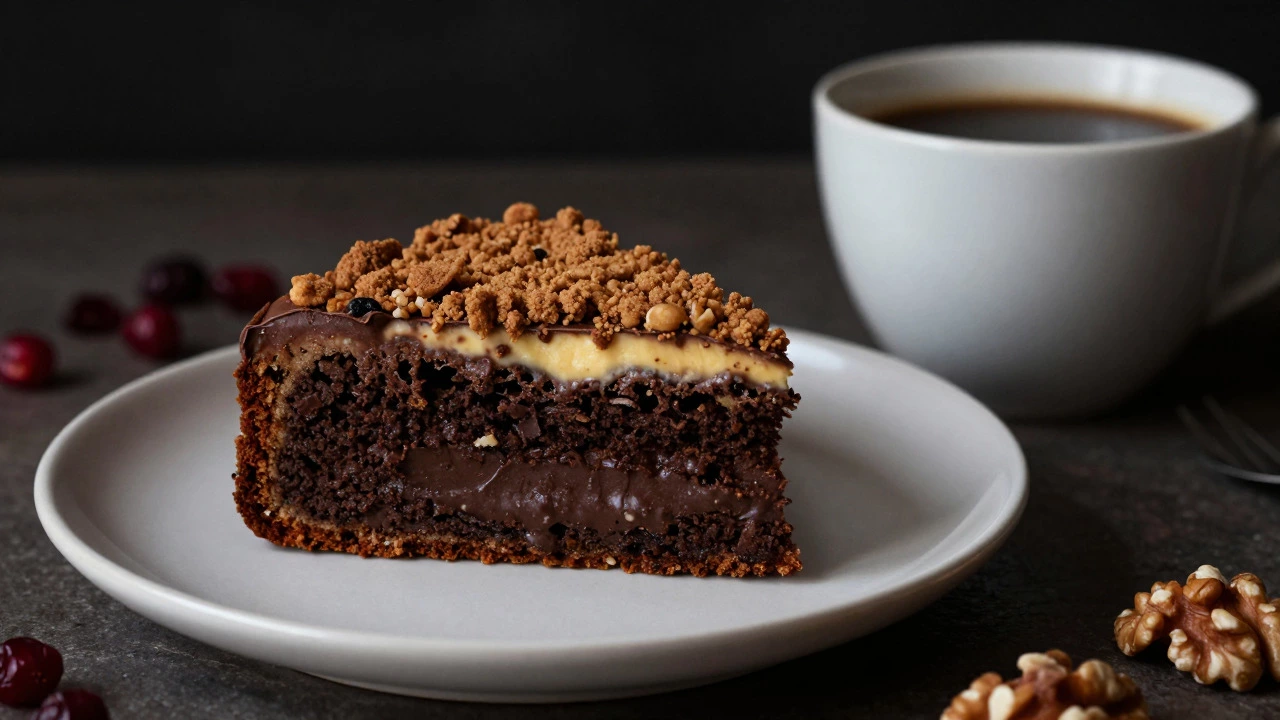 A slice of dense billy cake on a plate next to a cup of coffee in moody lighting