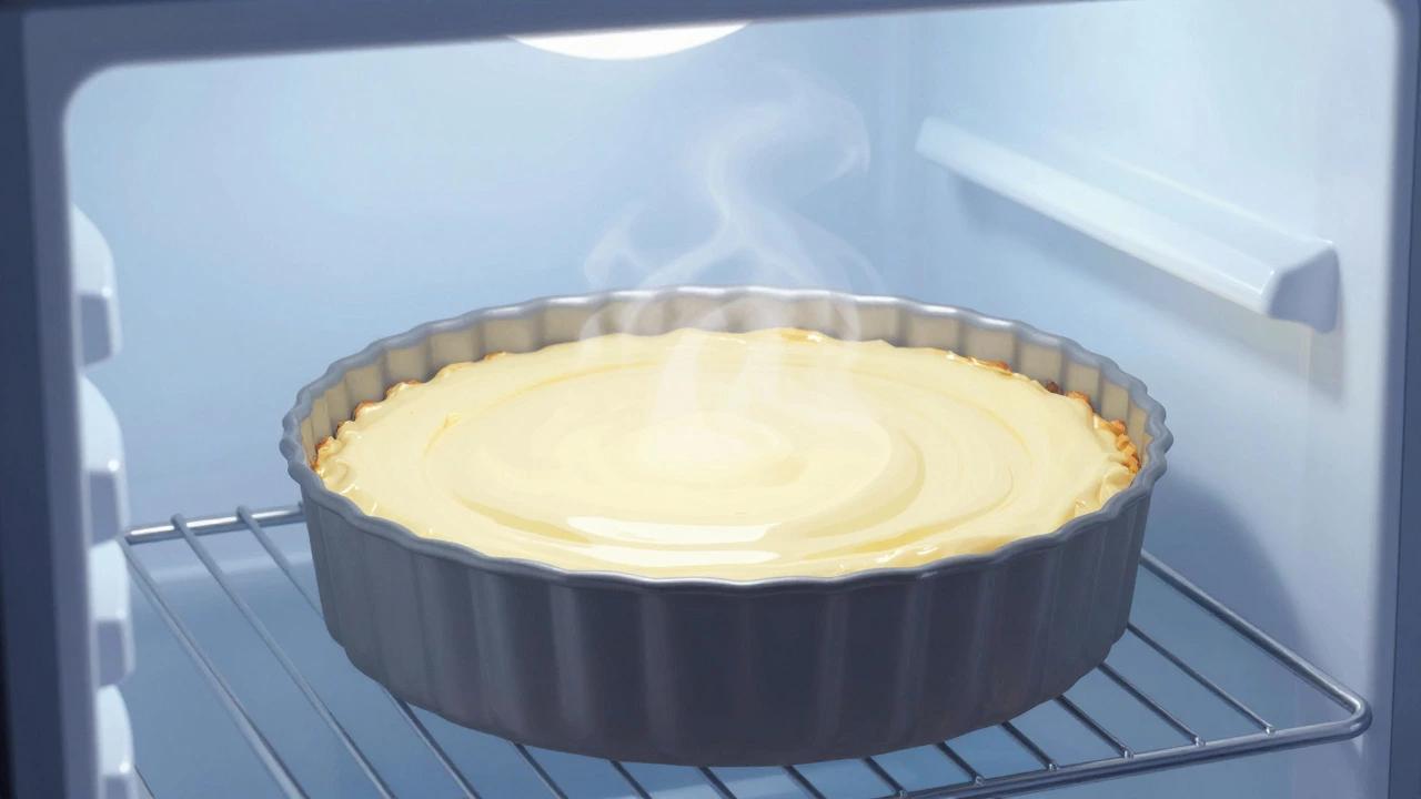 An eggless cheesecake chilling in a refrigerator to set without baking.