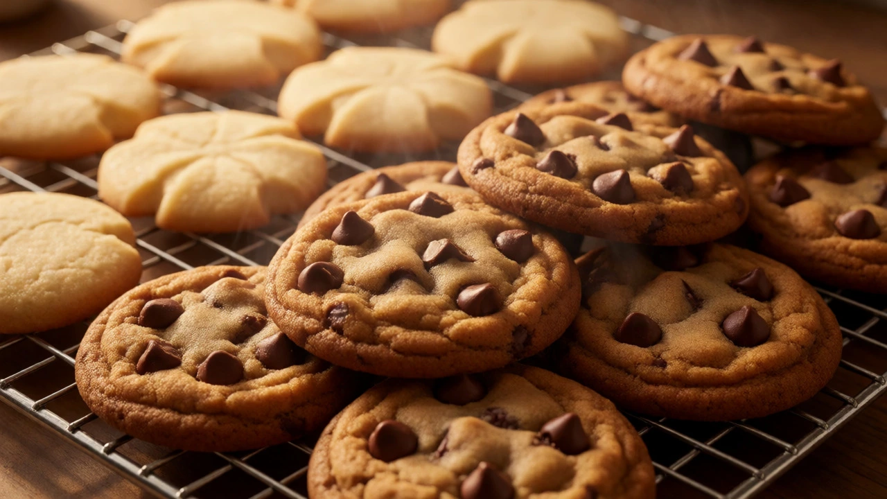 Assortment of chewy chocolate chip and cake-like sugar cookies cooling on a rack