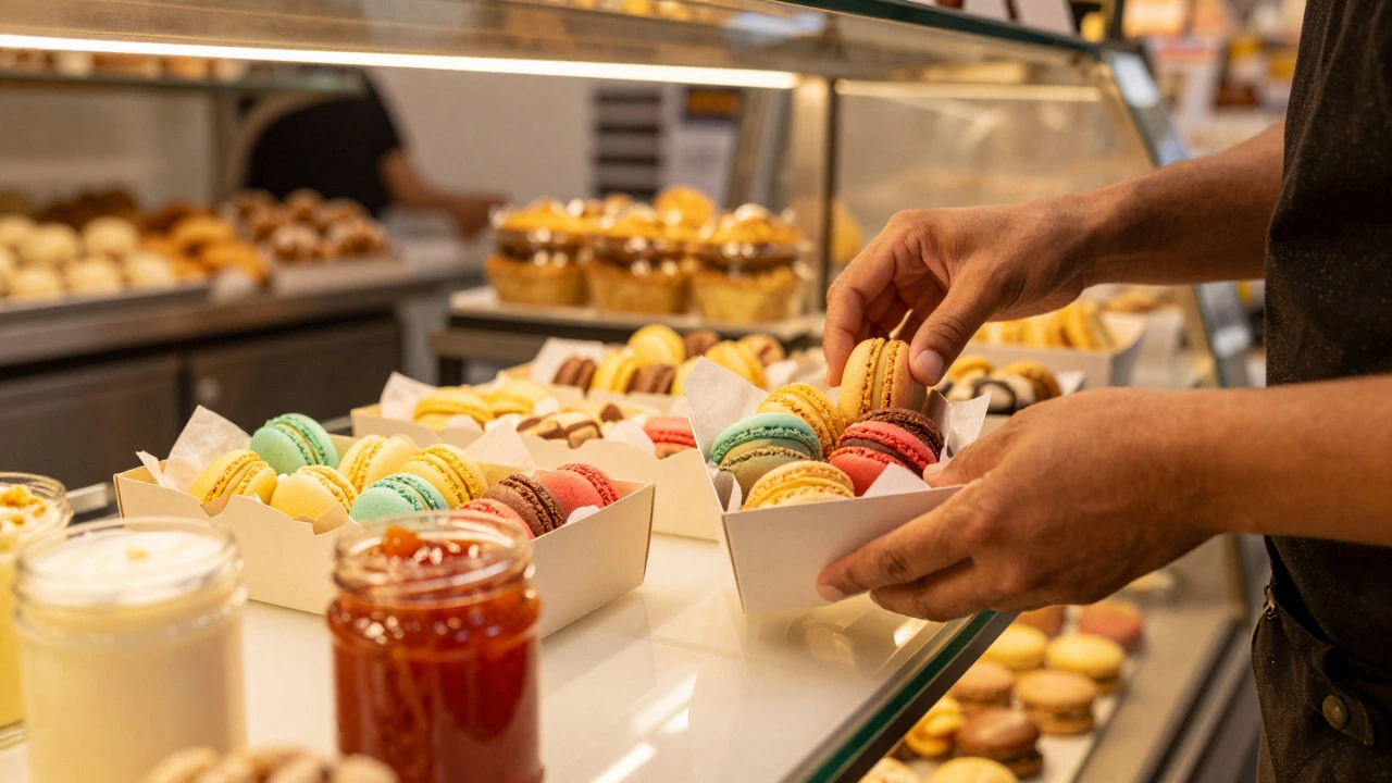 Baker arranging colorful macarons in a box with guava paste nearby