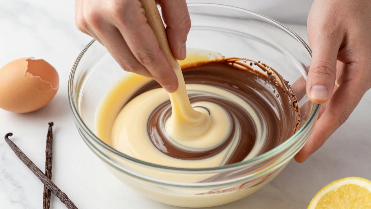 Baker swirling vanilla and chocolate batter in a glass bowl to create a marble cake pattern.