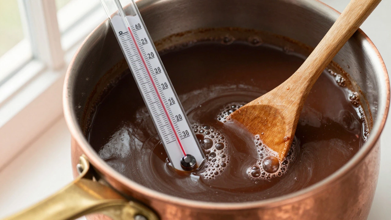 Candy thermometer monitoring temperature in simmering fudge mix