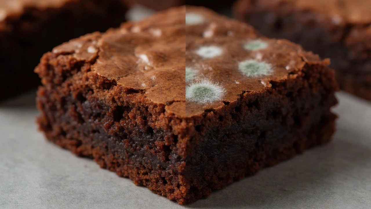Close-up comparison of a stale dry brownie versus a moldy spoiled brownie piece.