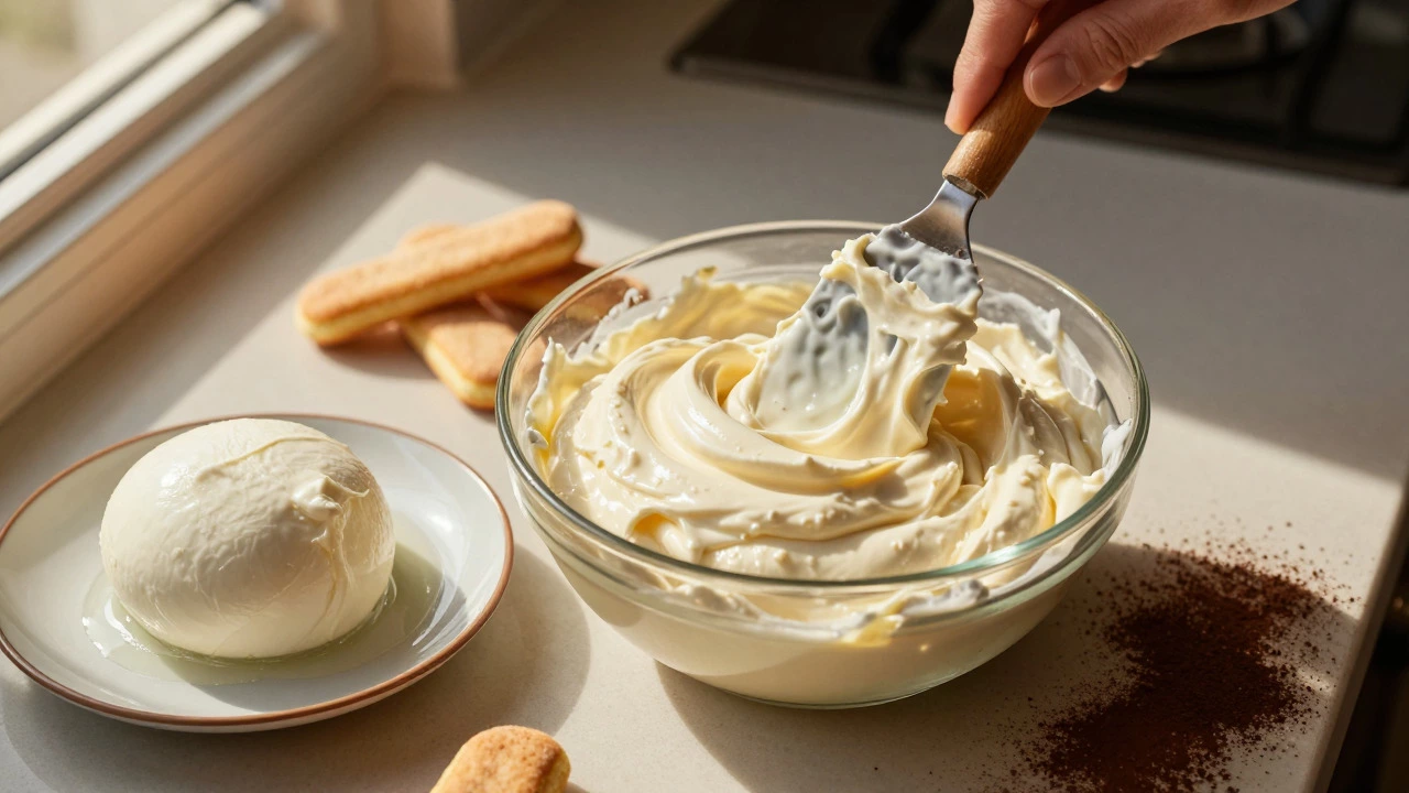 Close-up of creamy mascarpone and fresh mozzarella on a kitchen counter for tiramisu prep