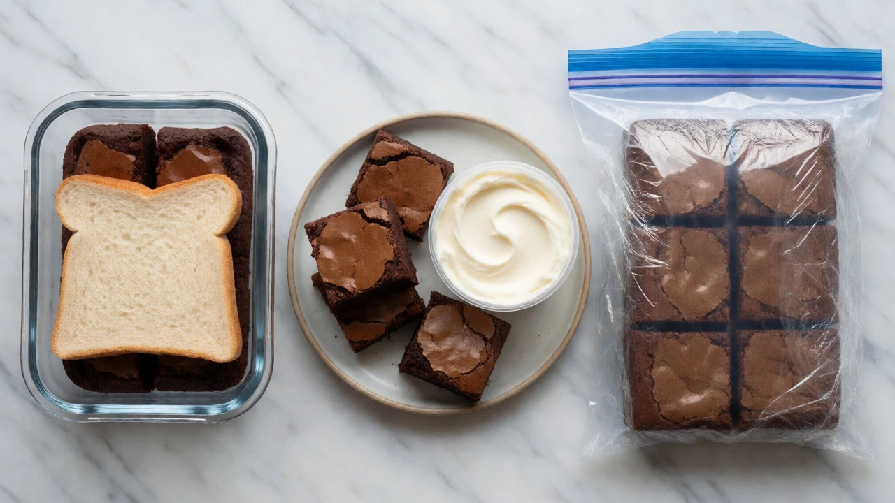 Comparison of brownie storage methods including airtight containers and freezing.