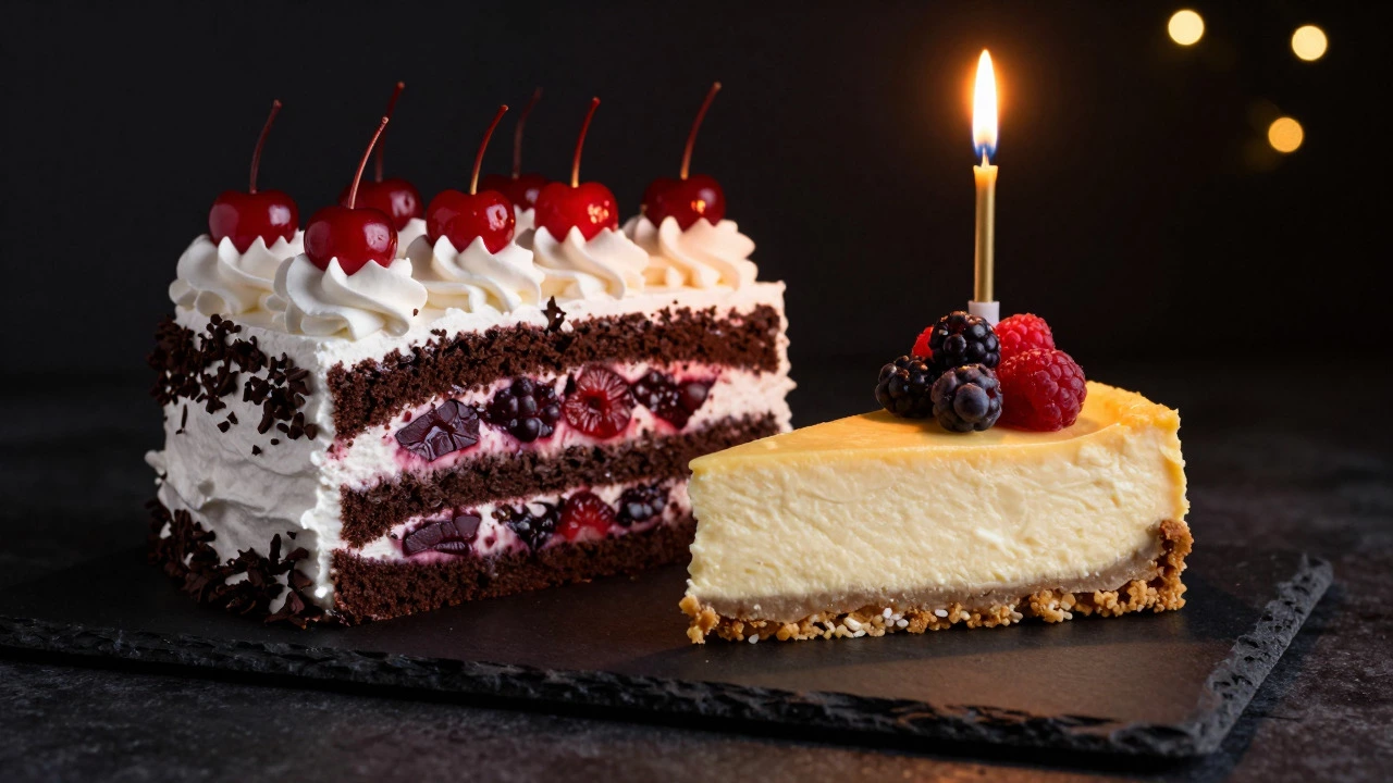 Elegant Black Forest cake and berry-topped cheesecake on a slate board with a lit candle.