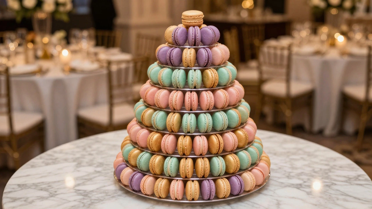 Elegant three-tier macaron tower in pastel colors at a wedding venue