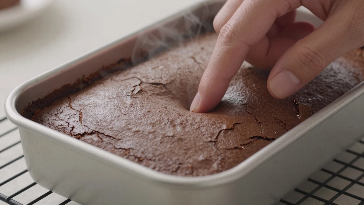 Finger pressing into the center of a baked brownie