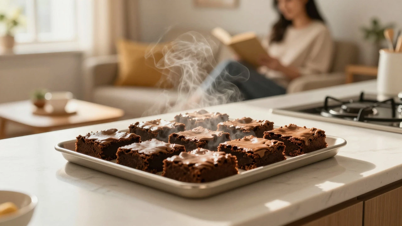 Freshly baked brownies on a counter in a cozy home setting