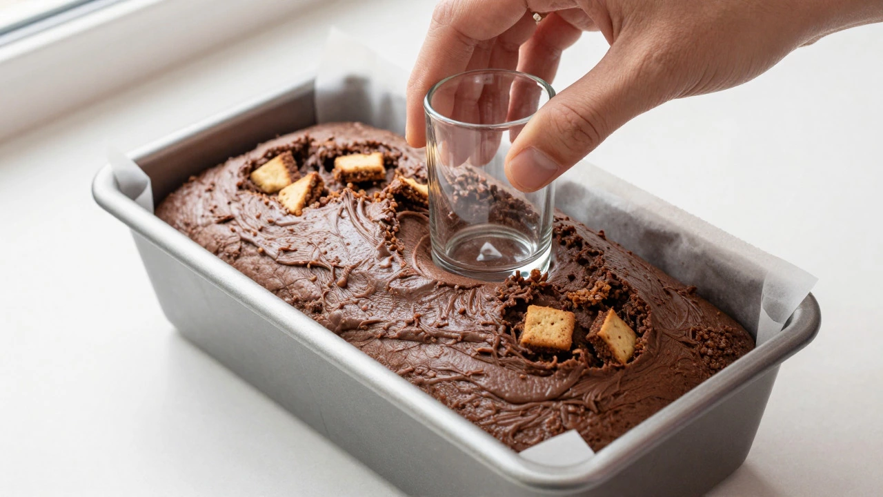 Hands pressing a dense chocolate biscuit mixture into a parchment-lined loaf pan
