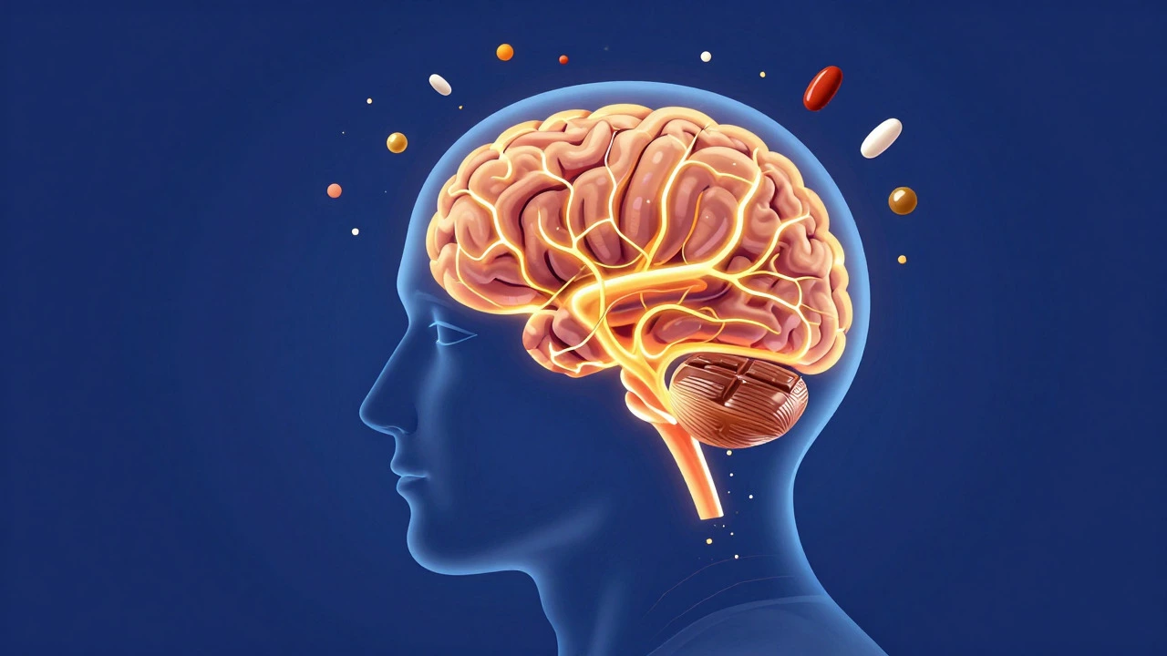 Illustration of brain releasing endorphins while eating chocolate