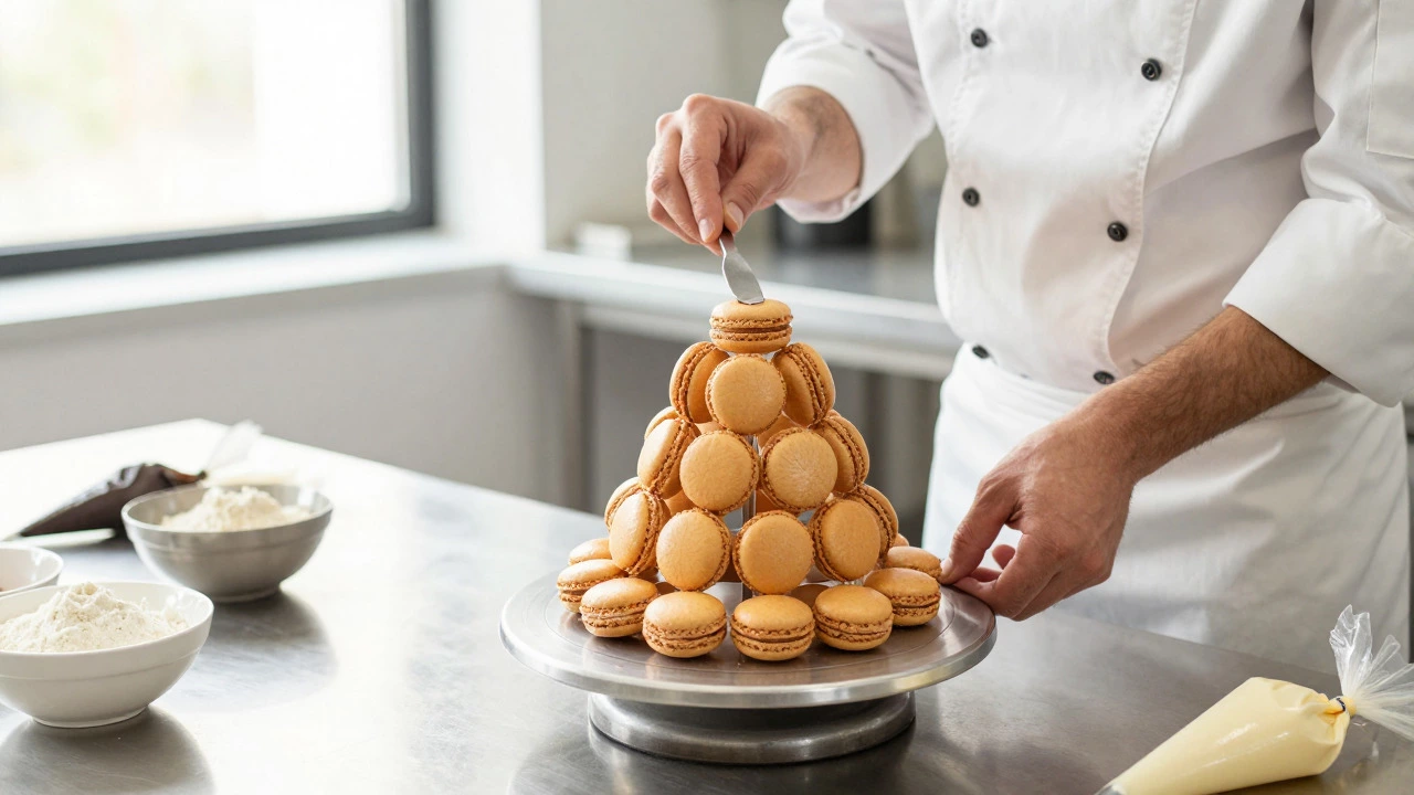 Pastry chef's hands carefully placing macarons onto a tower structure