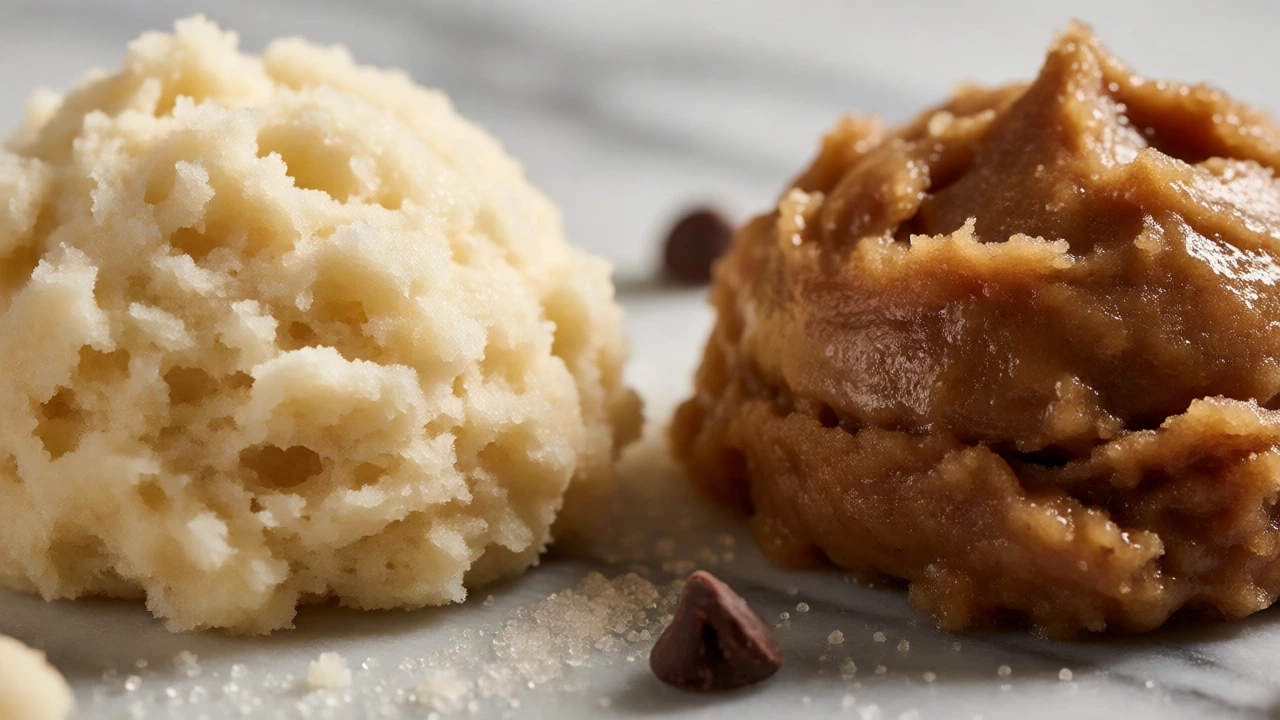 Side-by-side macro view of airy creamed butter dough and dense melted butter dough