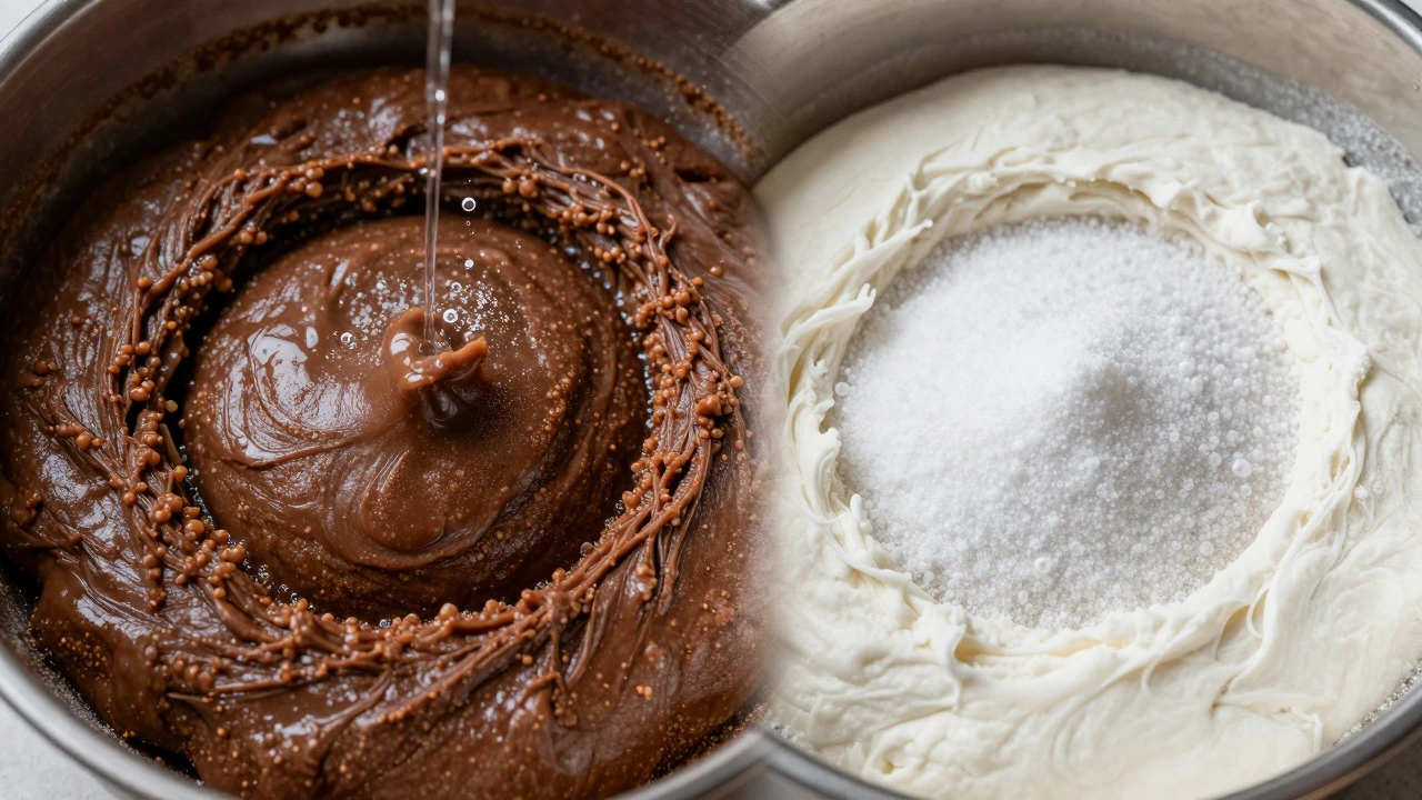 Split view comparing moist brown sugar dough and dry white sugar dough