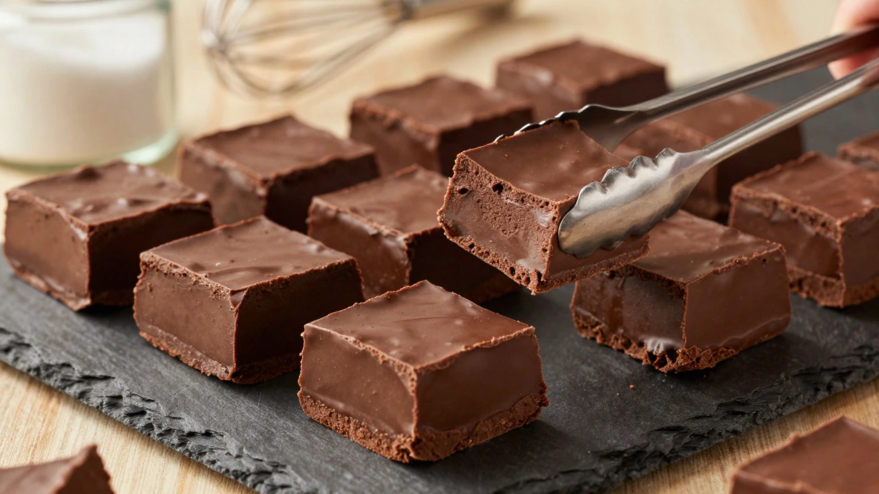 Squares of rich, creamy chocolate fudge on a slate serving board