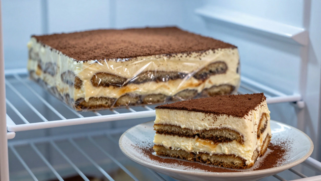 Thawed tiramisu slice on a plate dusted with fresh cocoa powder