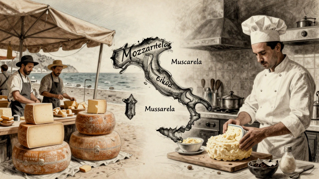 Vintage illustration comparing Italian and Portuguese cheese terms and culinary history
