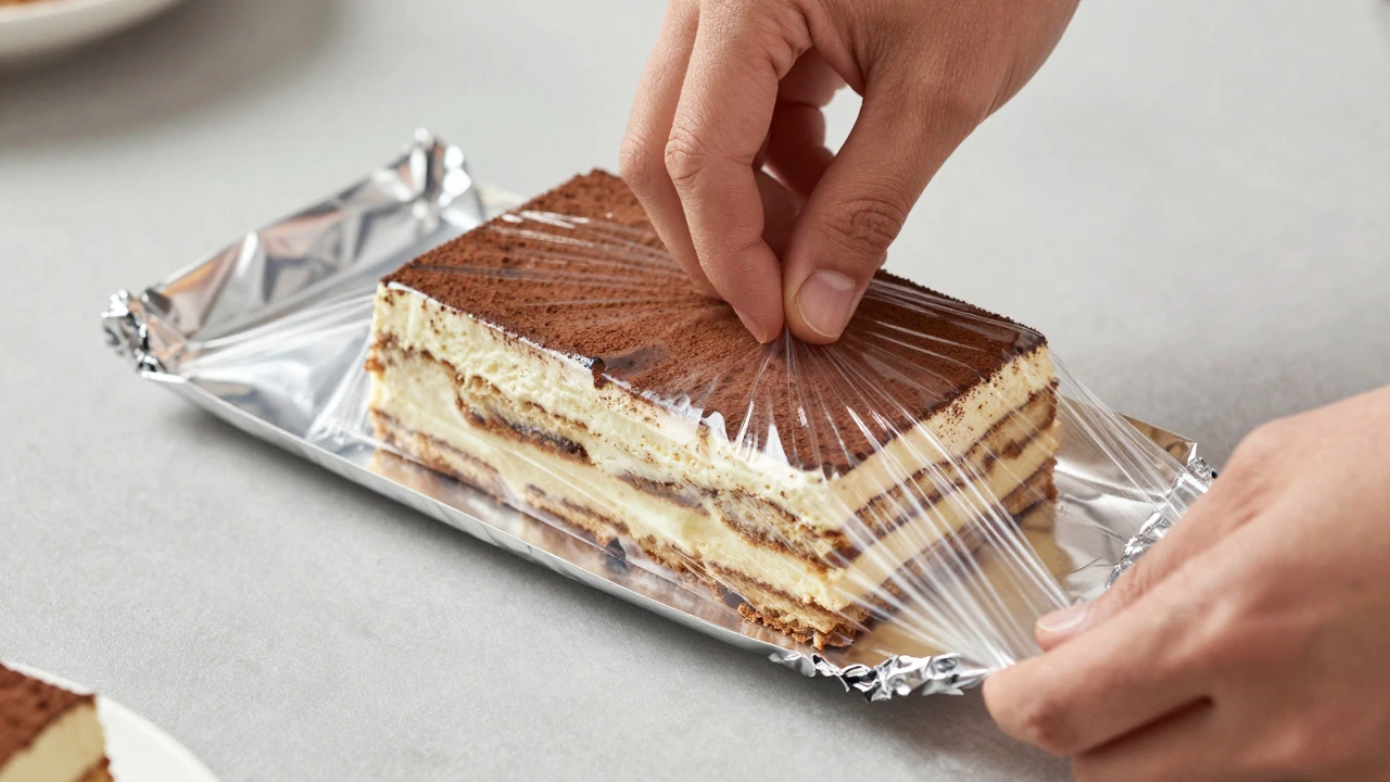 Wrapping tiramisu slice in plastic wrap and foil for freezer storage