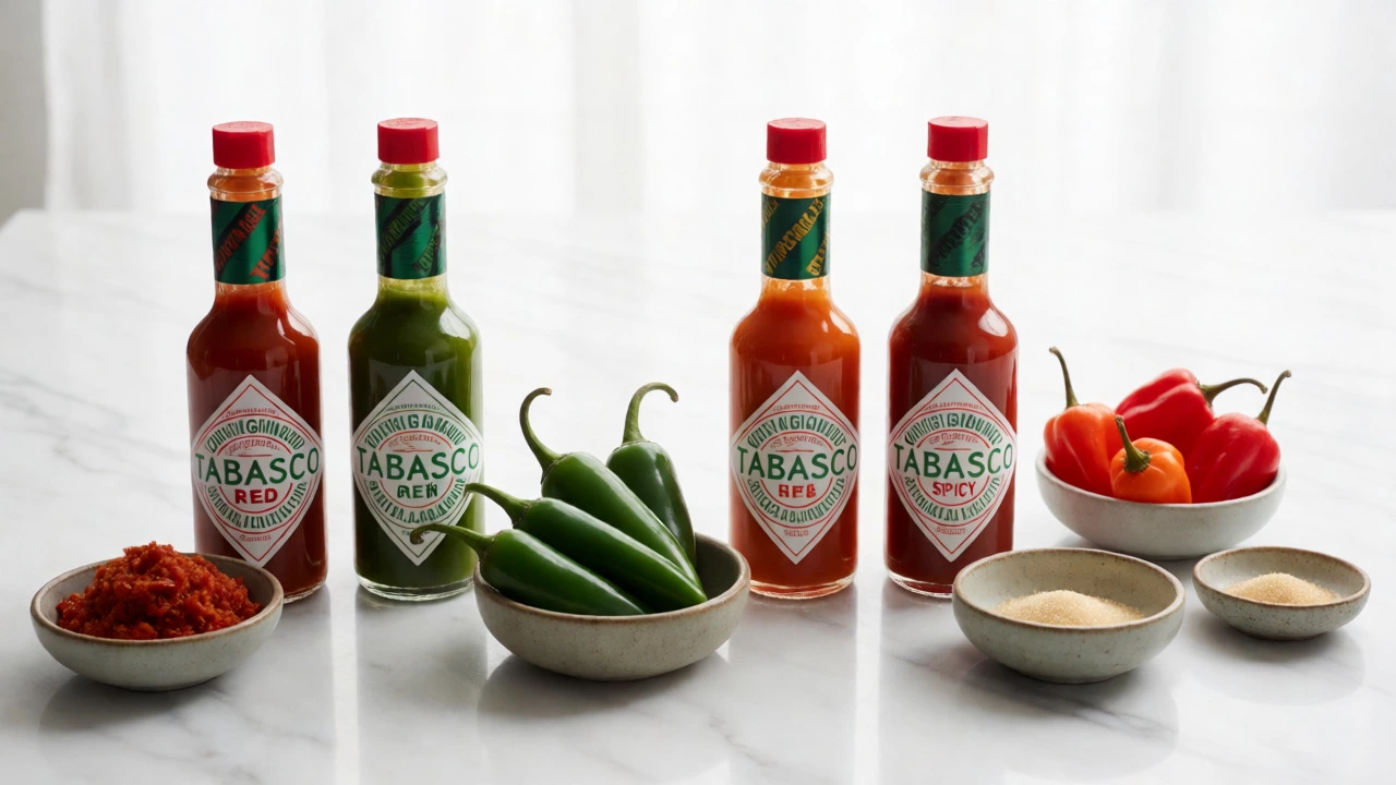 Assorted Tabasco sauce bottles displayed on a white marble surface with ingredient bowls.