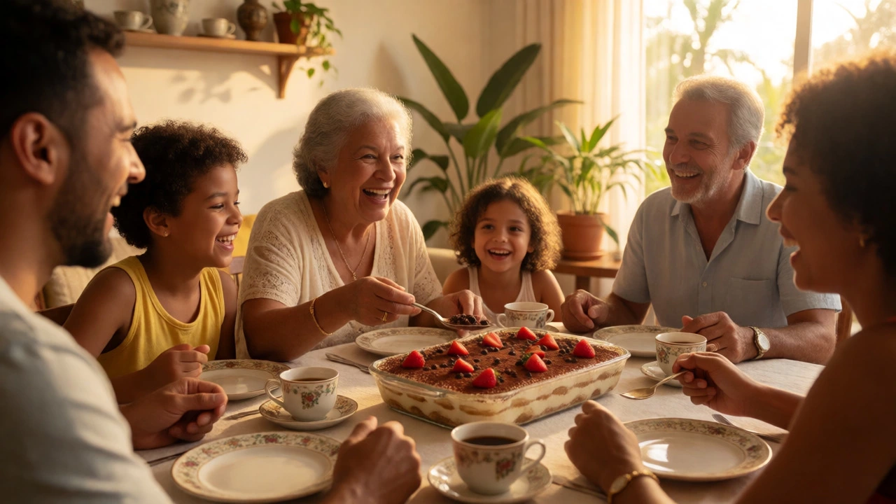 Brazilian family enjoying tiramisu together at a sunny home gathering