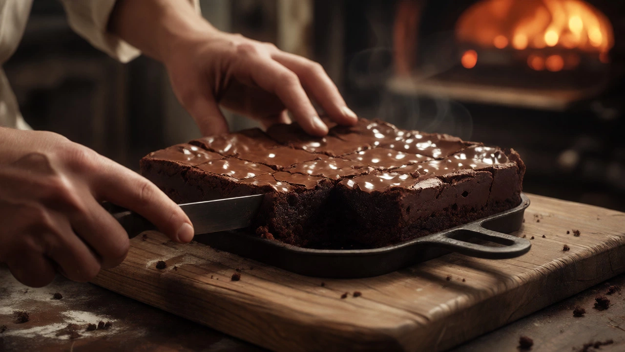 Close-up of hands slicing a dense, fudgy chocolate brownie in a rustic bakery setting.