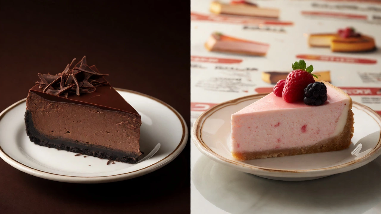Comparison of a chocolate cheesecake slice and a strawberry cheesecake slice on separate plates.