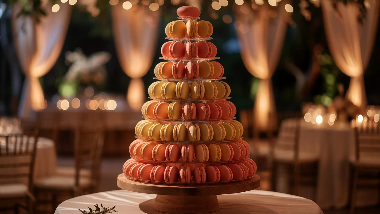 Completed ten-tier colorful macaron tower displayed at an elegant event.