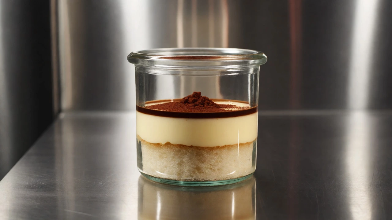 Deconstructed tiramisu in a glass jar showing precise layers under modernist lighting.