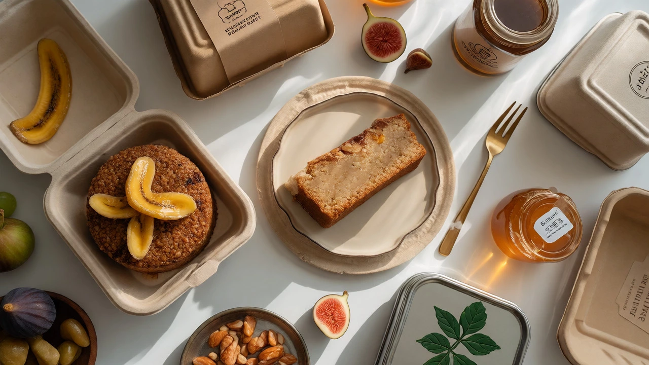 Eco-friendly cake presentation with compostable packaging and healthy ingredients